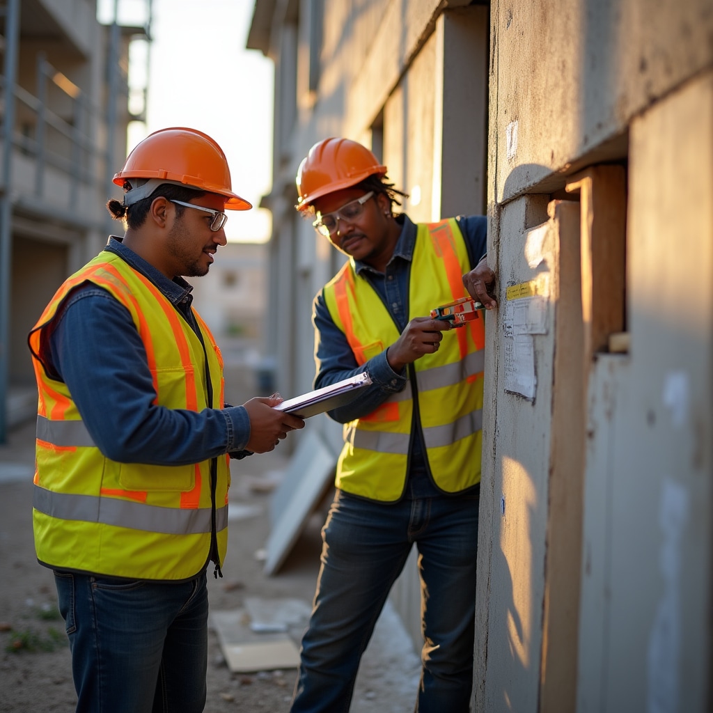 Trabajadores de la construcción instalando materiales de edificación en obra siguiendo especificaciones técnicas, con medidas de control de calidad visibles y técnicas de instalación adecuadas siendo demostradas