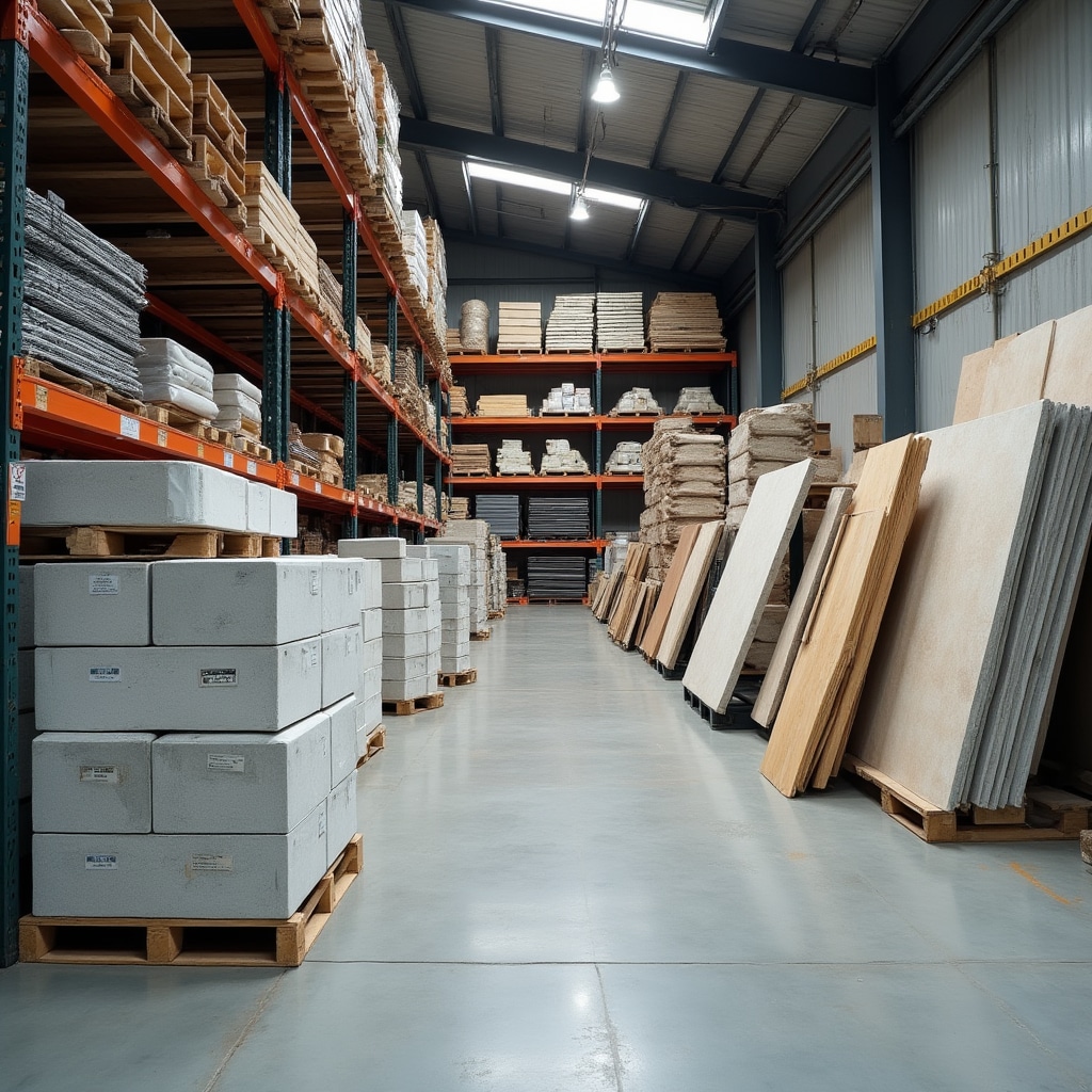 Organized display of various construction materials including concrete samples, steel reinforcement, and building components