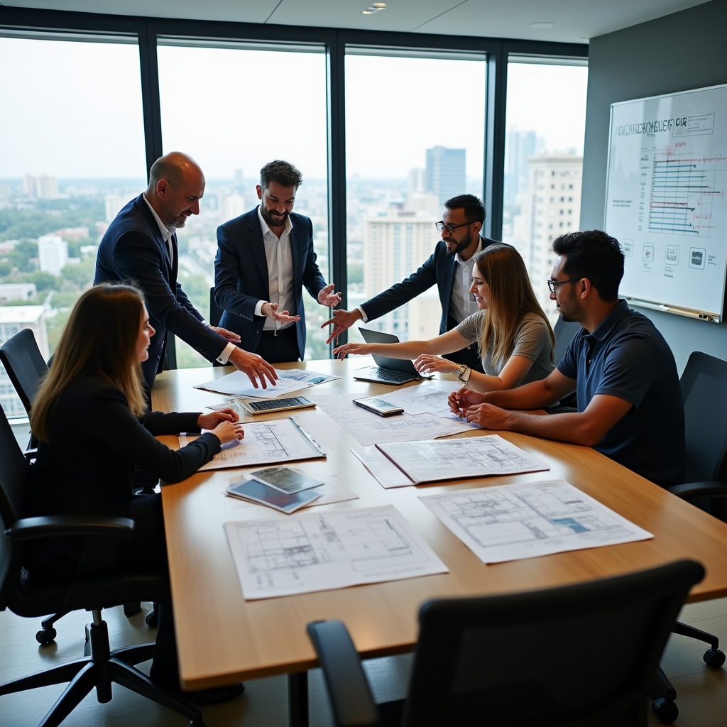 Grupo de profesionales de la construcción incluyendo arquitectos e ingenieros colaborando sobre planos de proyecto y especificaciones de materiales en oficina moderna luminosa