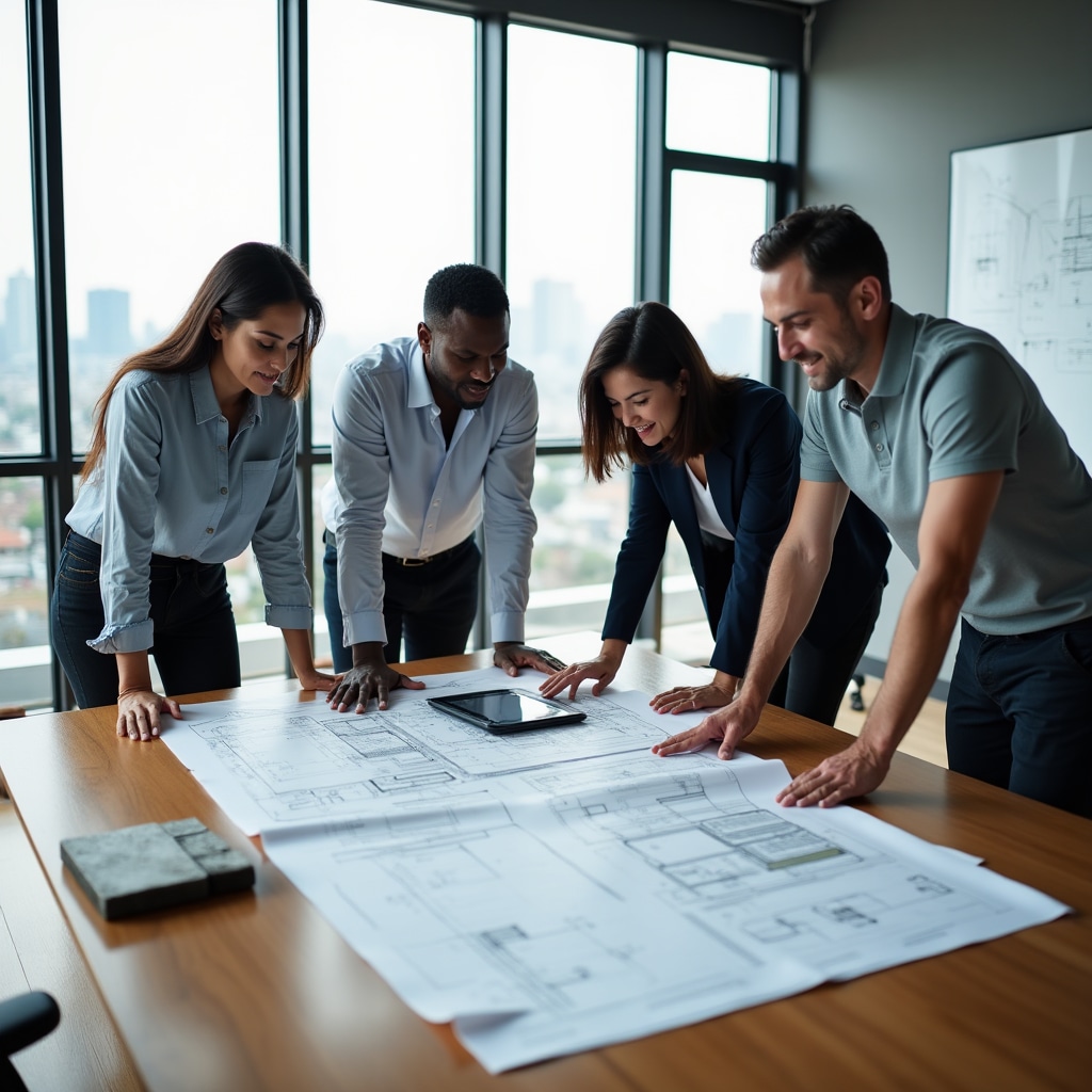 Diverse team of construction professionals collaborating around architectural plans and material samples in modern office setting