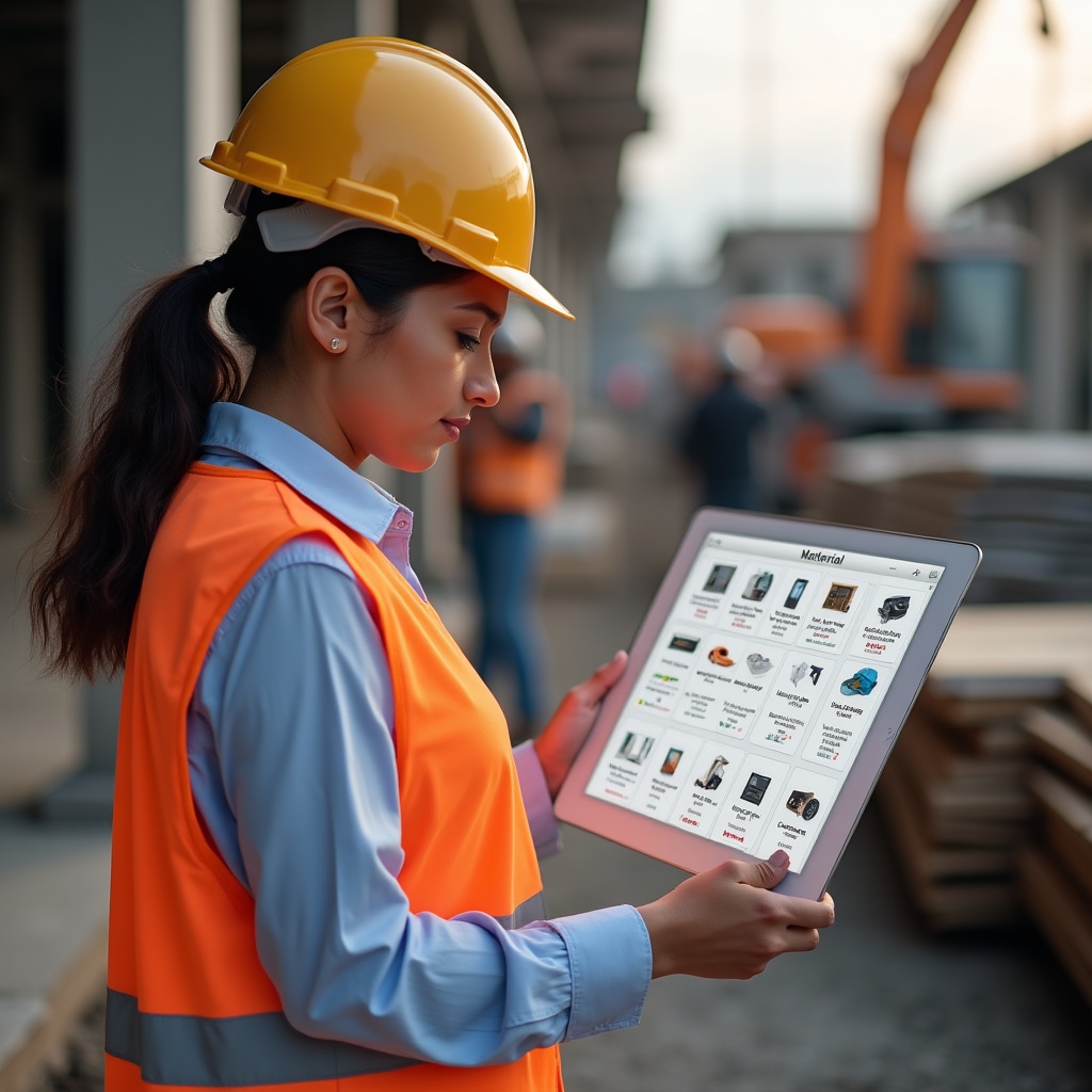 Profesional de la construcción usando tableta digital mostrando catálogo de materiales organizado con especificaciones técnicas, imágenes y opciones de filtrado en entorno de oficina moderno