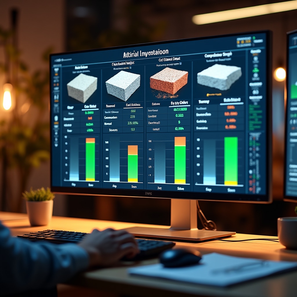 Comparación de materiales lado a lado mostrada en monitor grande mostrando especificaciones técnicas, gráficos de rendimiento, análisis de costos y métricas de sustentabilidad en espacio de trabajo profesional