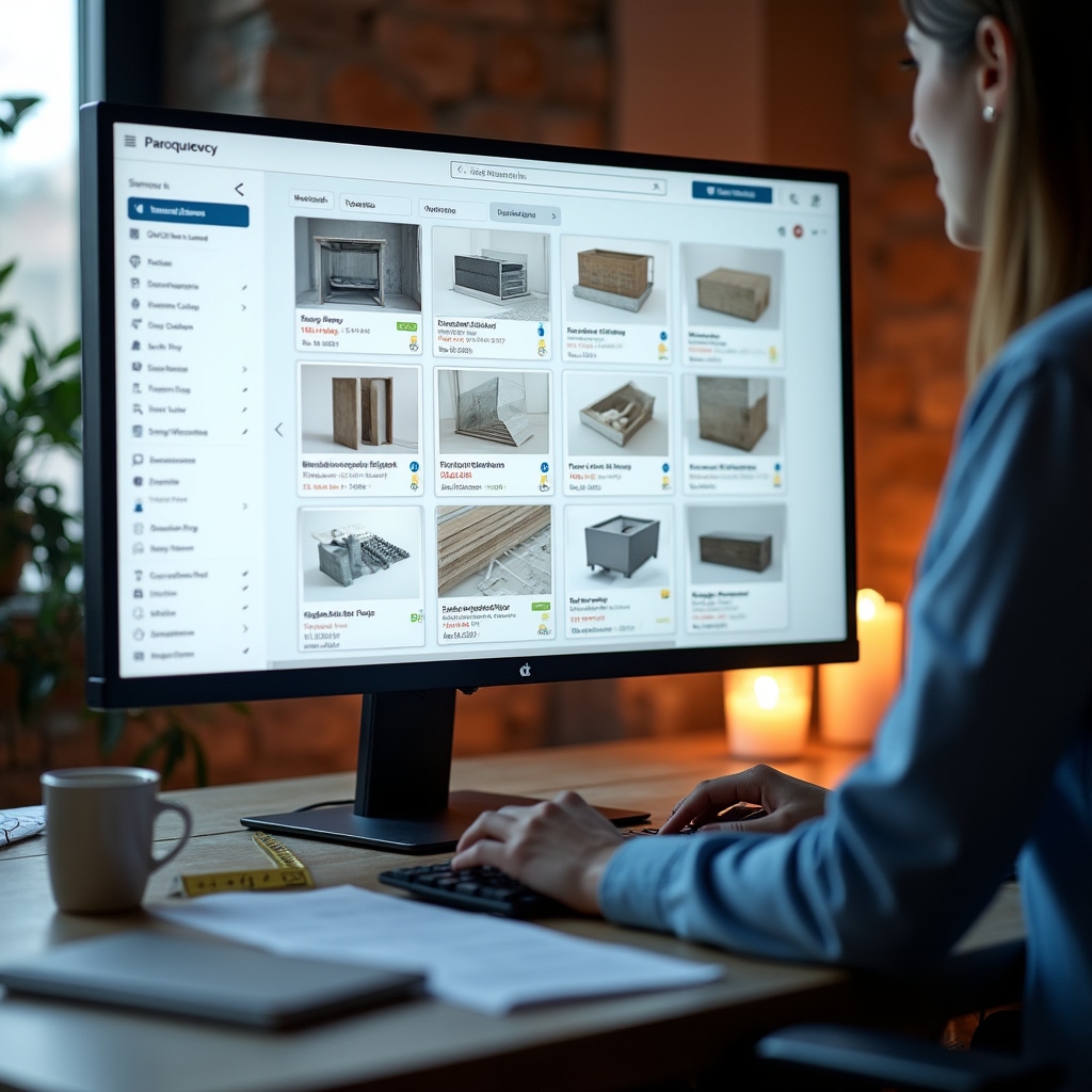 Interfaz digital moderna mostrando base de datos organizada de materiales de construcción con especificaciones técnicas, gráficos de comparación y opciones de filtrado