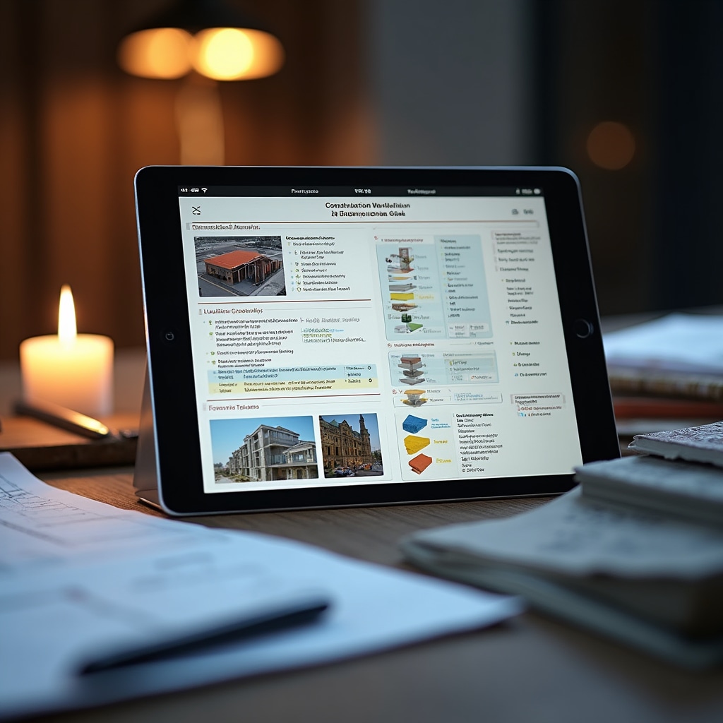 Guía detallada de materiales de construcción mostrada en dispositivo digital mostrando especificaciones técnicas, gráficos de datos de rendimiento, diagramas de instalación y normas de referencia