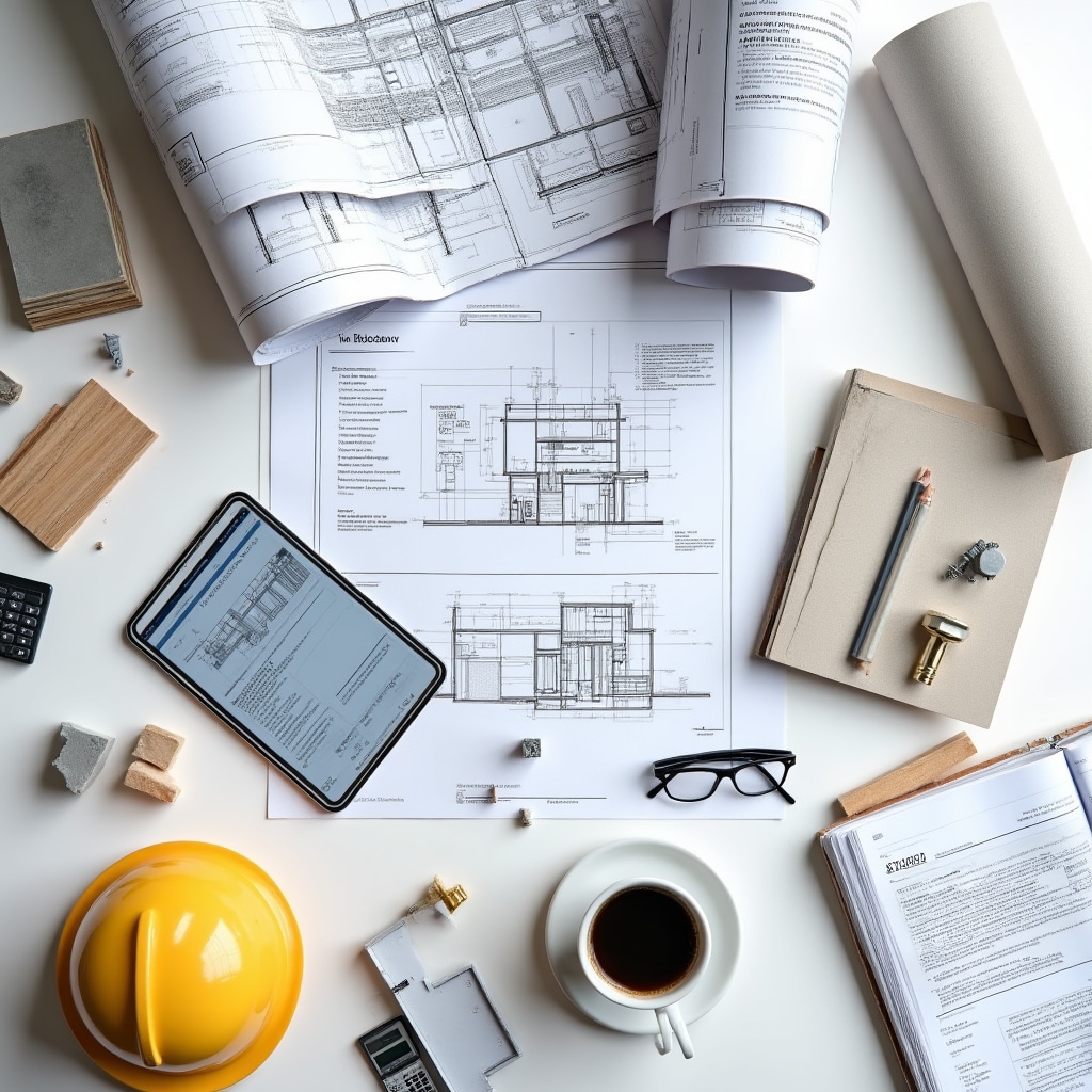 Espacio de trabajo profesional con documentos técnicos de construcción, muestras de materiales, tableta digital mostrando especificaciones y manuales de referencia organizados sistemáticamente