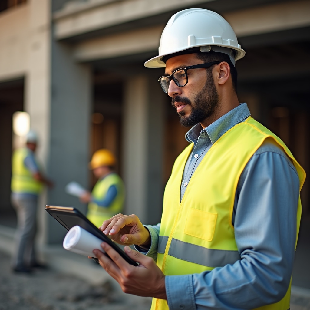 Construction professional reviewing detailed technical specifications and material data sheets on digital tablet at job site