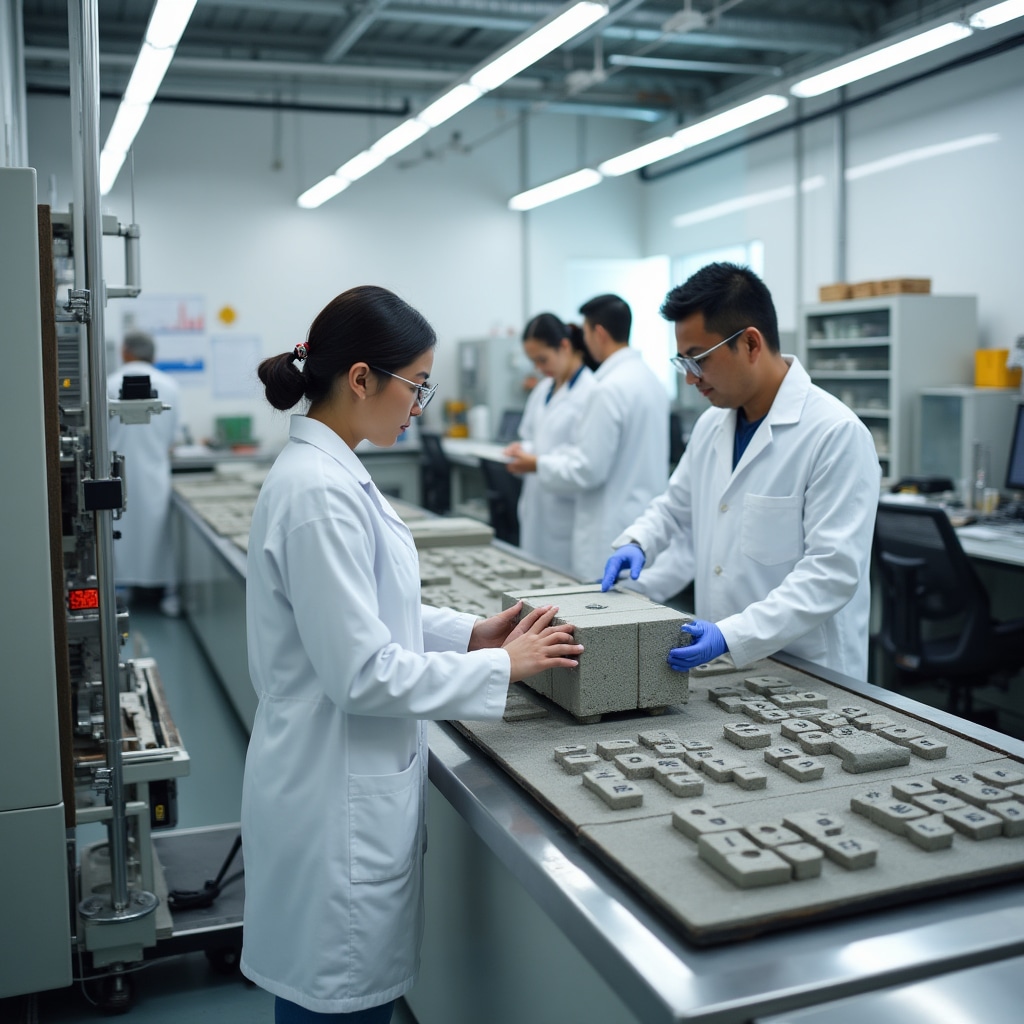 Laboratorio de pruebas de materiales de construcción con equipo científico, muestras de materiales bajo análisis, técnicos con guardapolvos blancos realizando pruebas de rendimiento